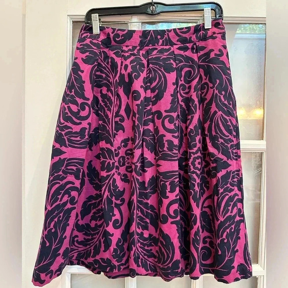 Boden A-Line Sophia Pleated Knee Length Purple Navy Damask  Skirt Size 6L Long - Picture 1 of 10
